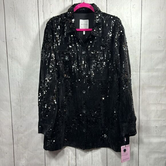 Avec Les Filles Black Sequin Button Up Jacket Shacket 3X Holiday Glam Night Out - Picture 5 of 14